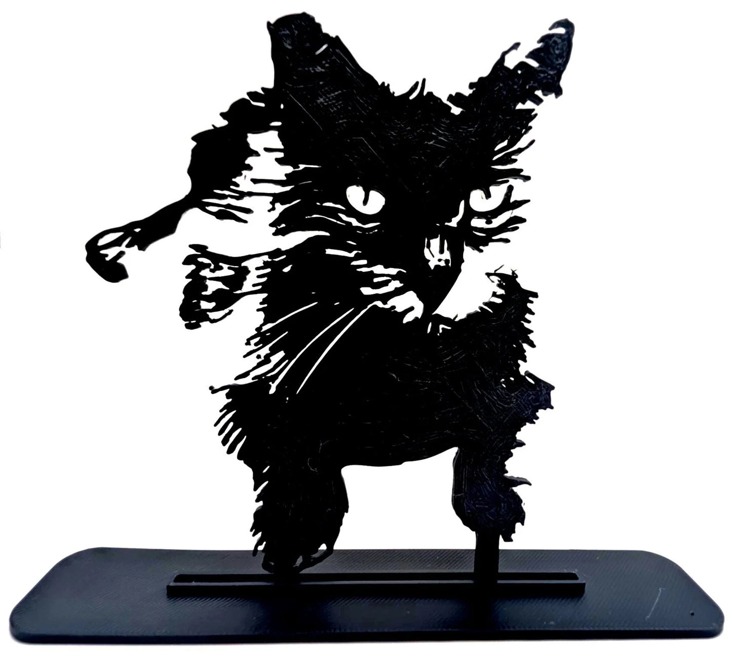 Front view of 3d printed custom detailed cat portrait sitting in a stand.