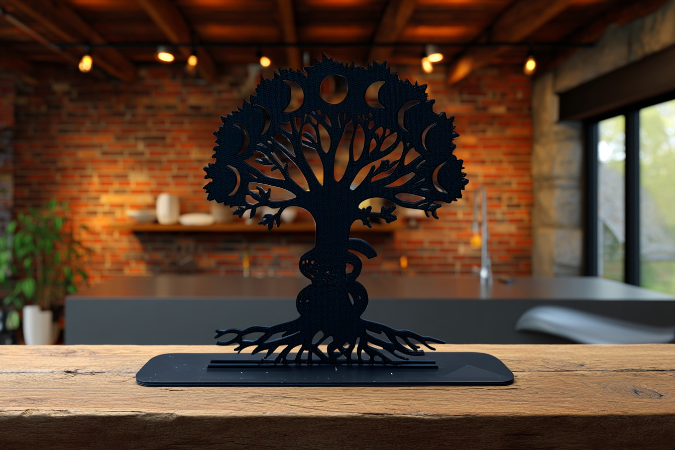 Decorative Tree of Life silhouette with lunar phases, modern black metal art centerpiece in farmhouse industrial kitchen