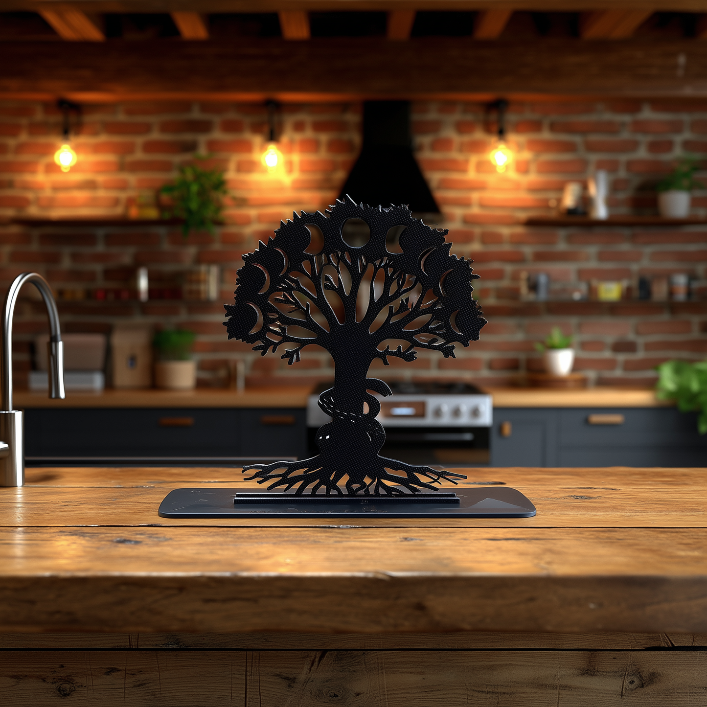 Black 3d printed Tree of Life sculpture with moon phases, displayed on rustic wood kitchen island in industrial-style brick kitchen