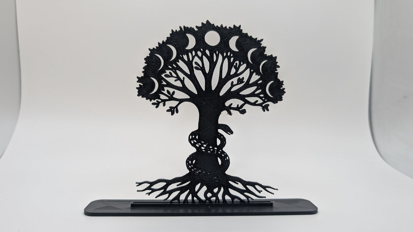 Black 3D-printed Tree of Life sculpture with moon phases and entwined serpent, symbolic spiritual decor on white background