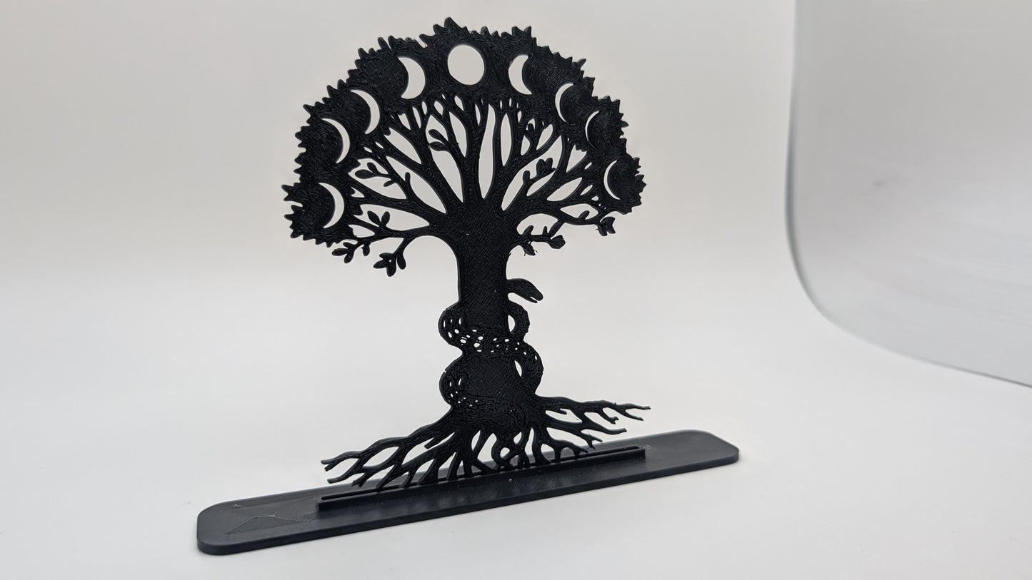 Gothic-style Tree of Life with crescent moons and serpent, 3D-printed black decorative statue isolated on white background