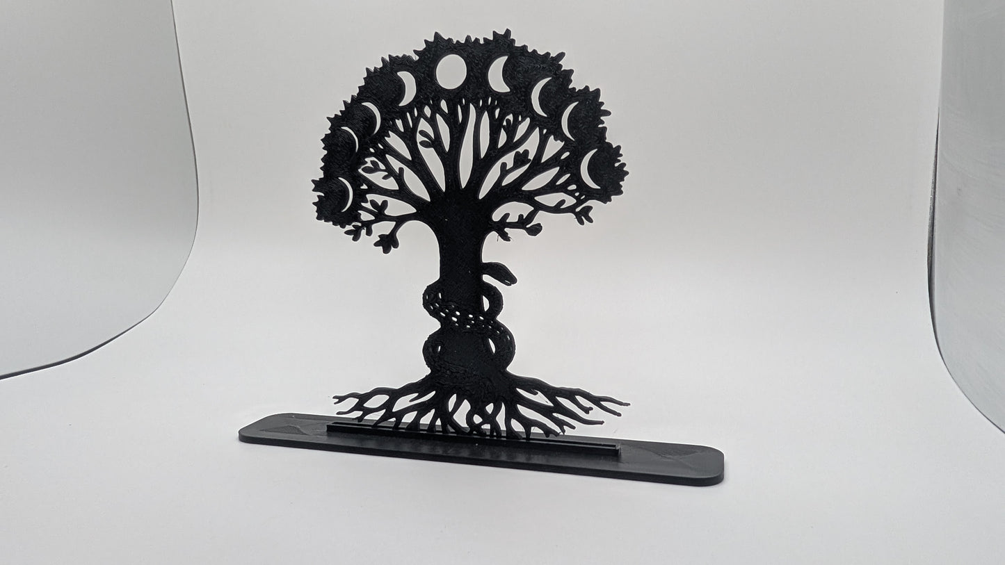 Freestanding Tree of Life silhouette featuring lunar cycle and coiled snake, minimalist black art piece for altar, shelf, or gift display