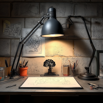 Elegant black Tree of Life metal artwork in industrial-style home setting, ideal for kitchen or living room spiritual décor