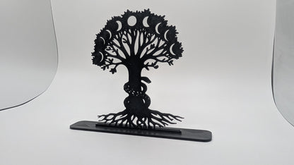 Freestanding Tree of Life silhouette featuring lunar cycle and coiled snake, minimalist black art piece for altar, shelf, or gift display