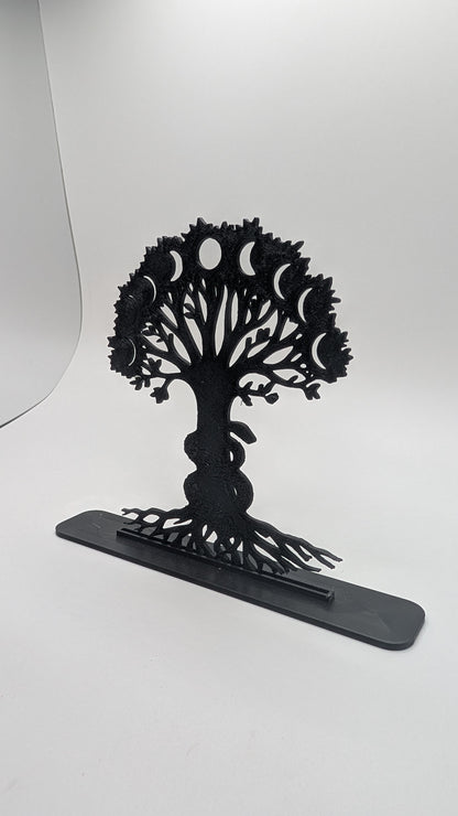 Black Tree of Life decorative sculpture with celestial moon phases and serpent design, 3D-printed spiritual home decor accent